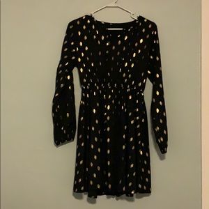Black long sleeve dress with gold polka dots